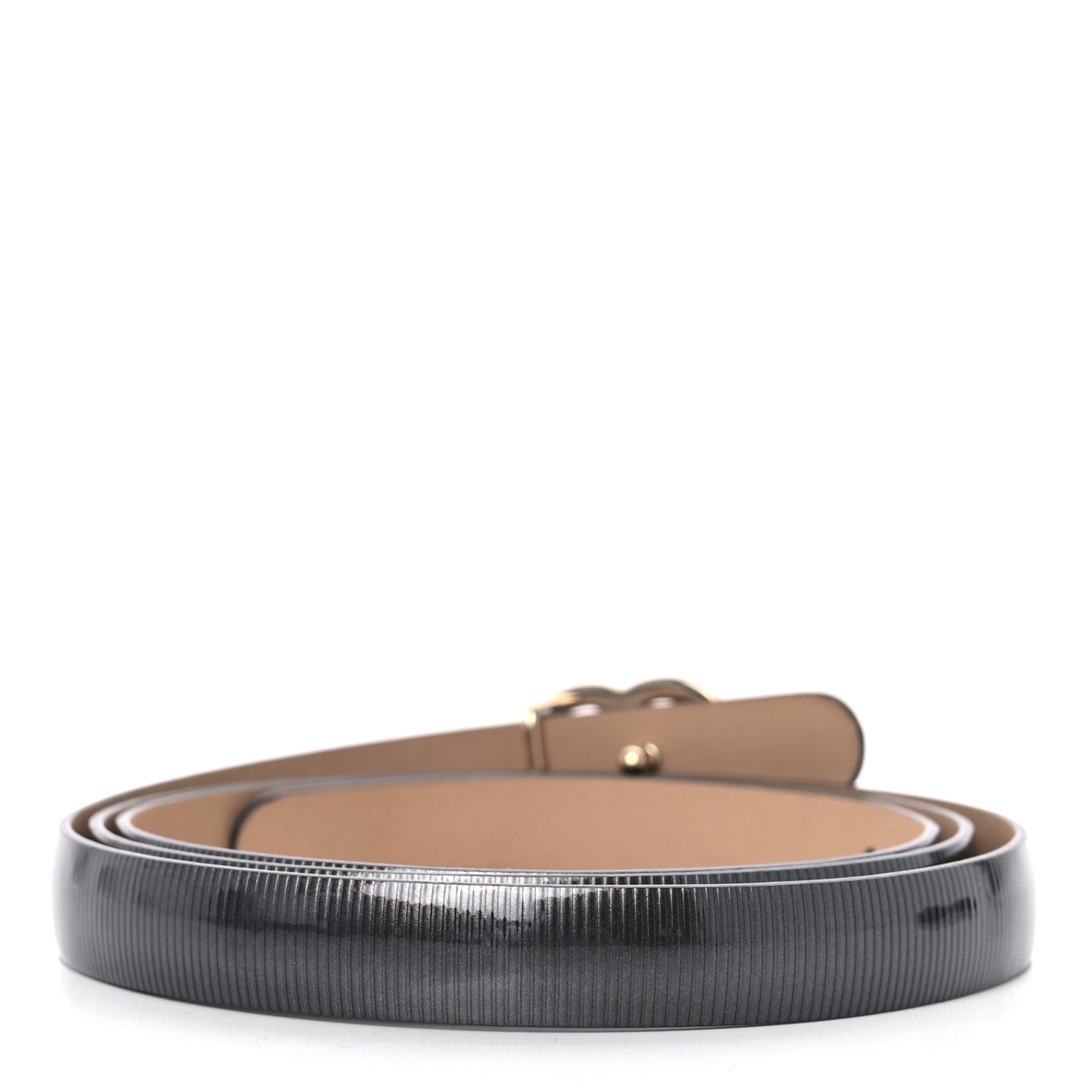Striated Patent CC Logo Skinny Belt Dark Grey