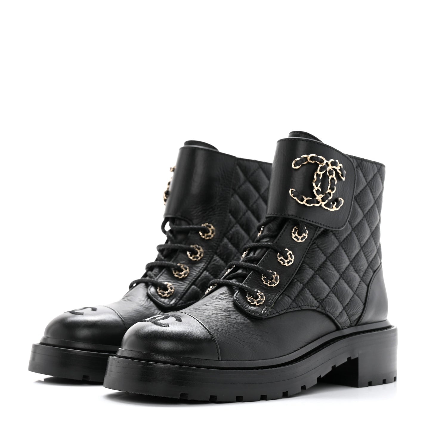 Shiny Calfskin Quilted Lace Up Combat Boots 36.5 Black
