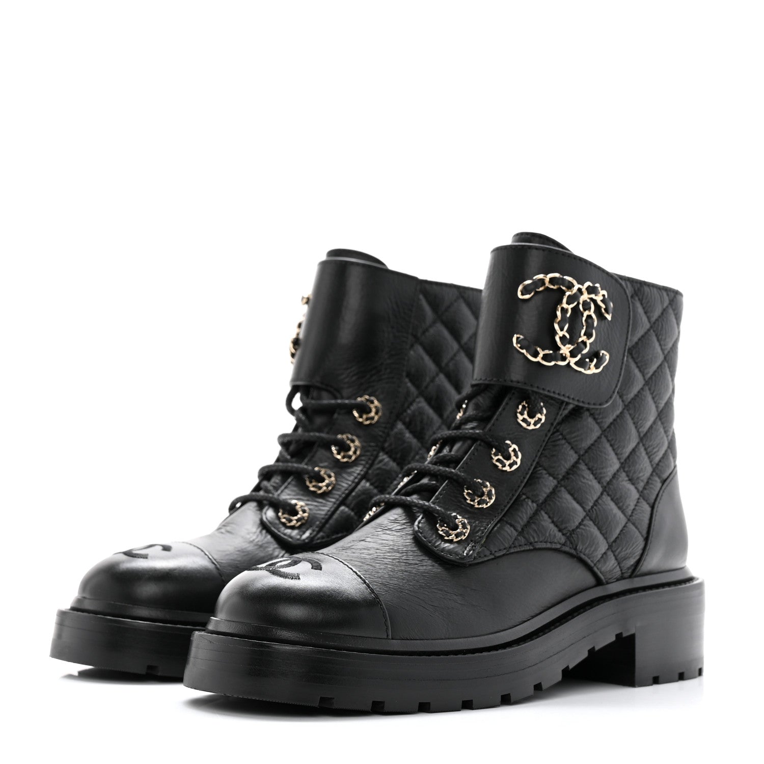 Chanel Shiny Calfskin Quilted Lace Up Combat Boots 36.5 Black 3 of 16