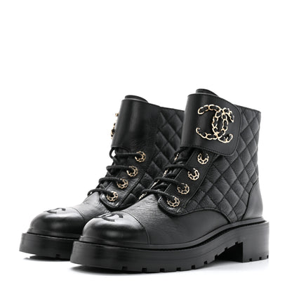 Chanel Shiny Calfskin Quilted Lace Up Combat Boots 36.5 Black 3 of 16