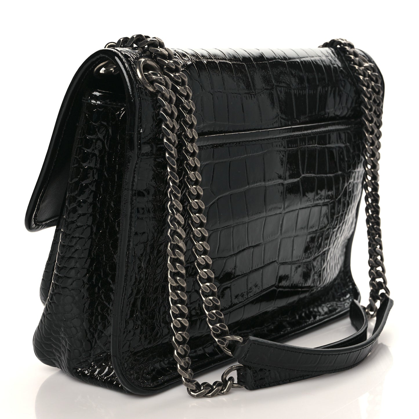 Patent Crocodile Embossed Lambskin Monogram Medium Niki Chain Satchel Black