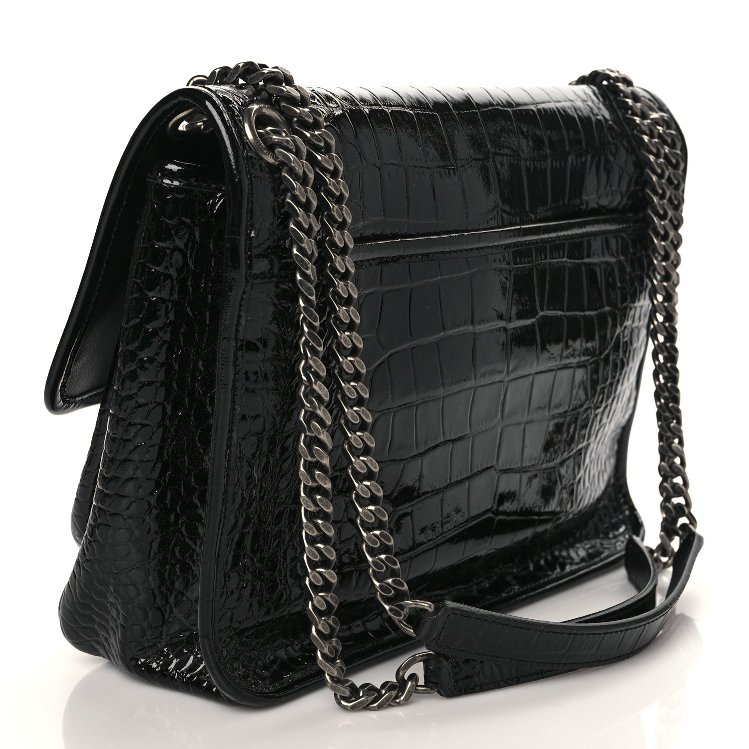 Saint Laurent Patent Crocodile Embossed Lambskin Monogram Medium Niki Chain Satchel Black 3 of 8