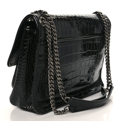 Saint Laurent Patent Crocodile Embossed Lambskin Monogram Medium Niki Chain Satchel Black 3 of 8