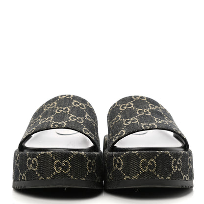 Gucci Jacquard Black Denim GG Monogram Angelina Platform 55mm Slide Sandals 38 Black Ivory 2 of 12