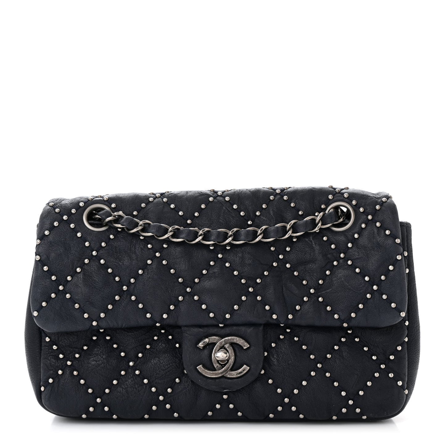Washed Lambskin Studded Metal Beauty Flap Navy