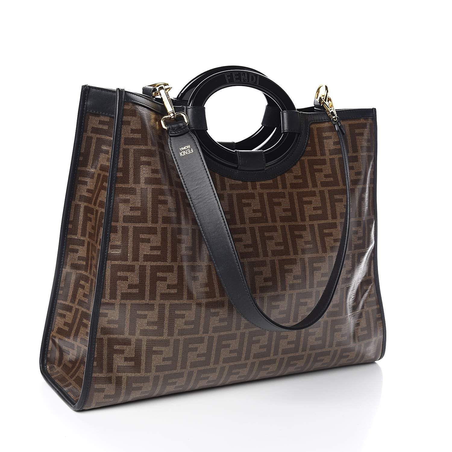 Fendi Glazed Fabric Vitello Century Plexiglass FF 1974 Stamp Patch Medium Runaway Shopper Tote Mogano Panna Black 3 of 10