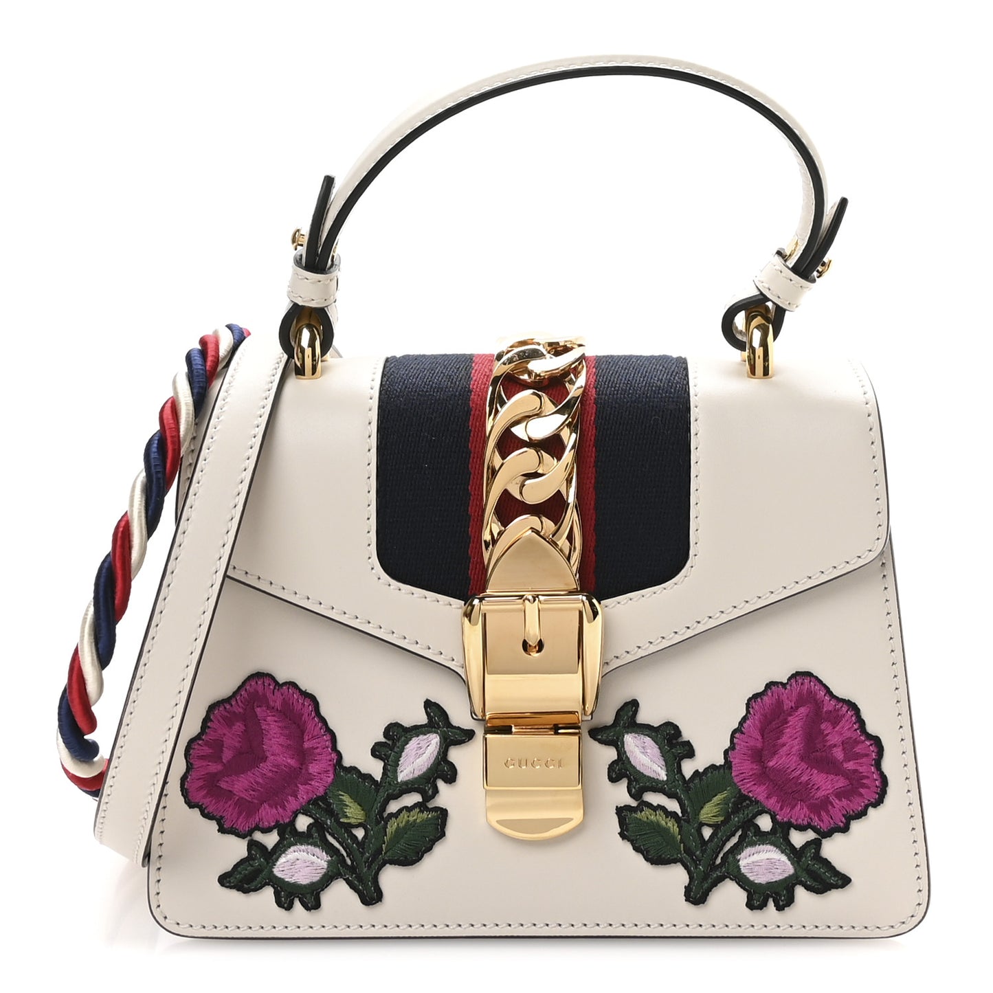 Calfskin Embroidered Mini Sylvie Top Handle Bag White