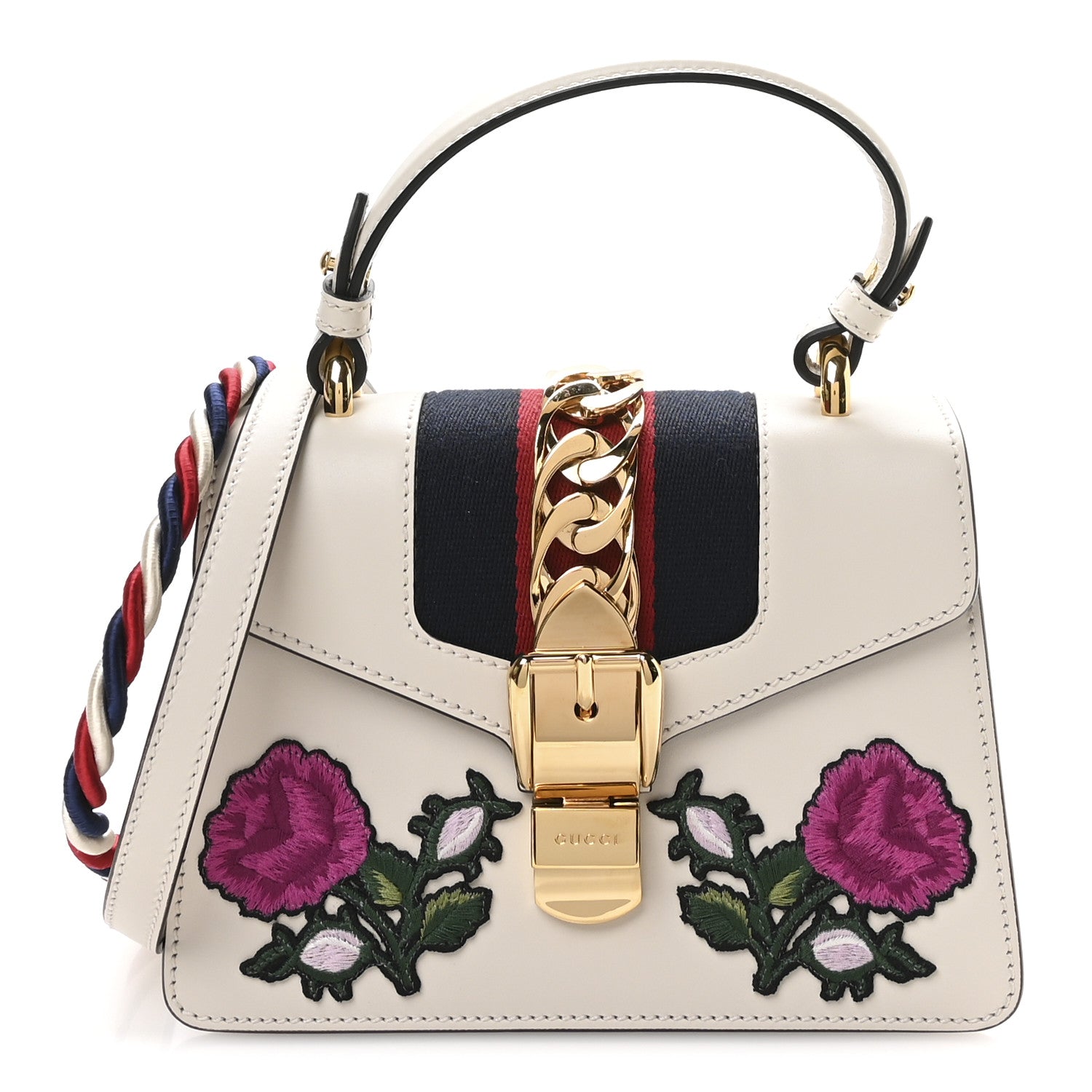 Gucci Calfskin Embroidered Mini Sylvie Top Handle Bag White 1 of 11