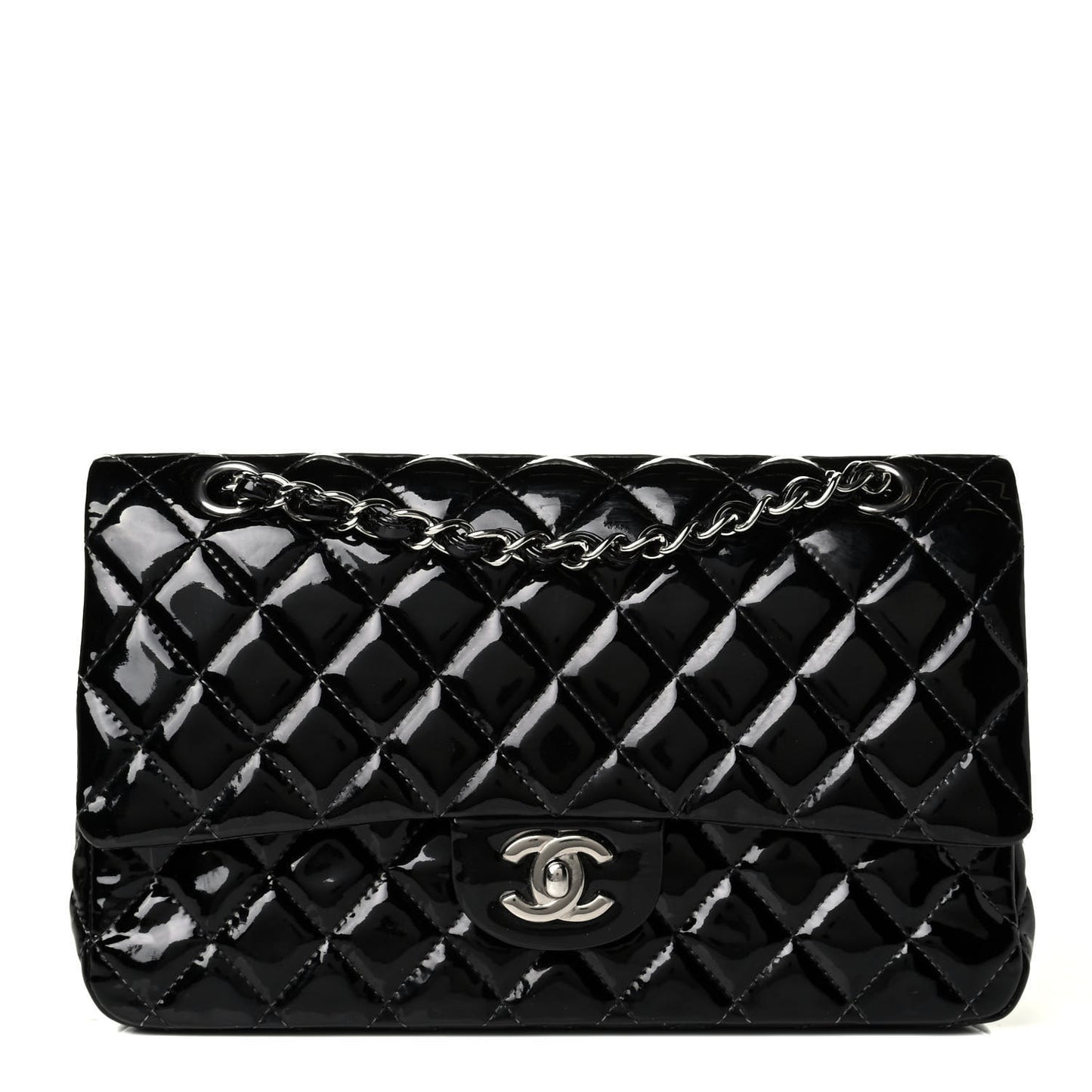 Patent Quilted Medium Double Flap Black