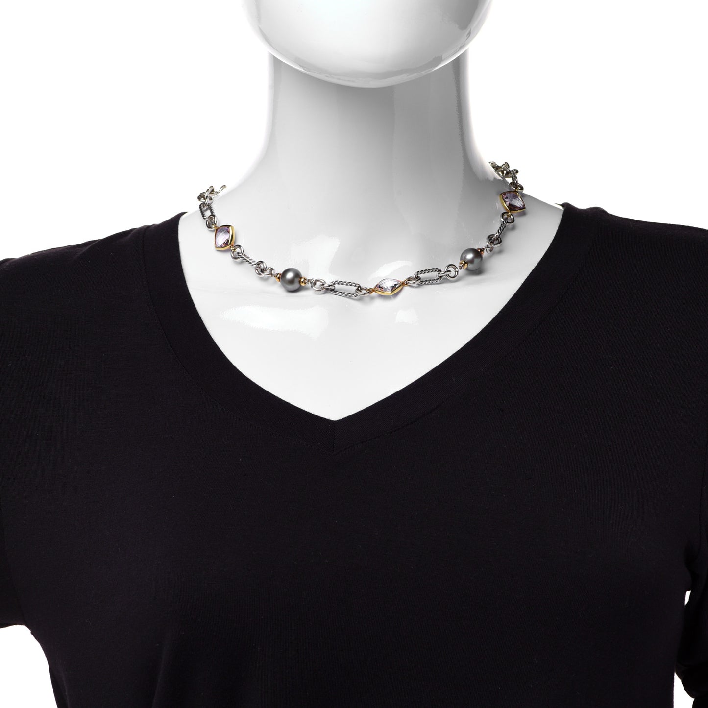 Sterling Silver 18K Yellow Gold Amethyst Pearl Figaro Chain Necklace