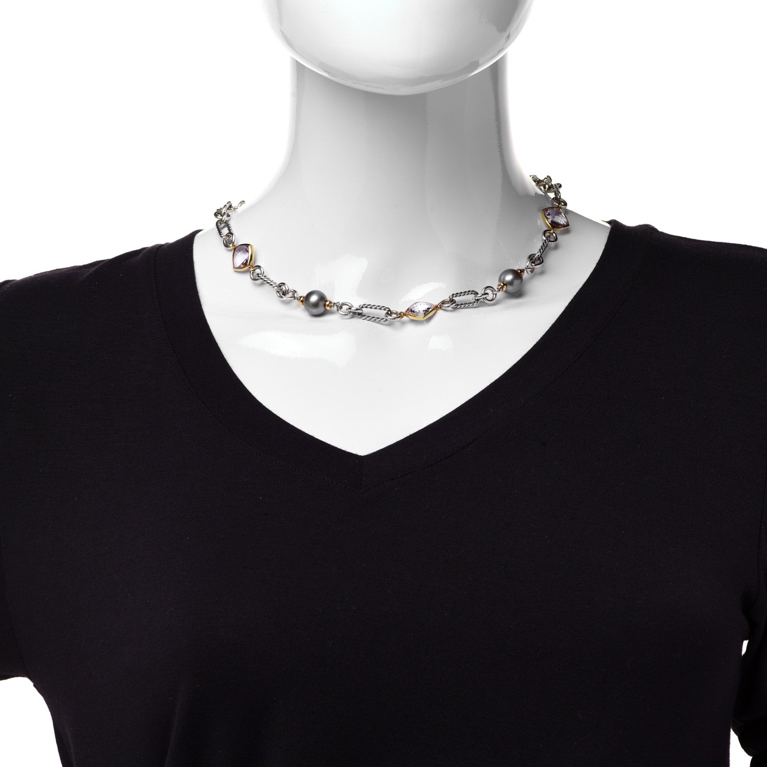 David Yurman Sterling Silver 18K Yellow Gold Amethyst Pearl Figaro Chain Necklace 2 of 8