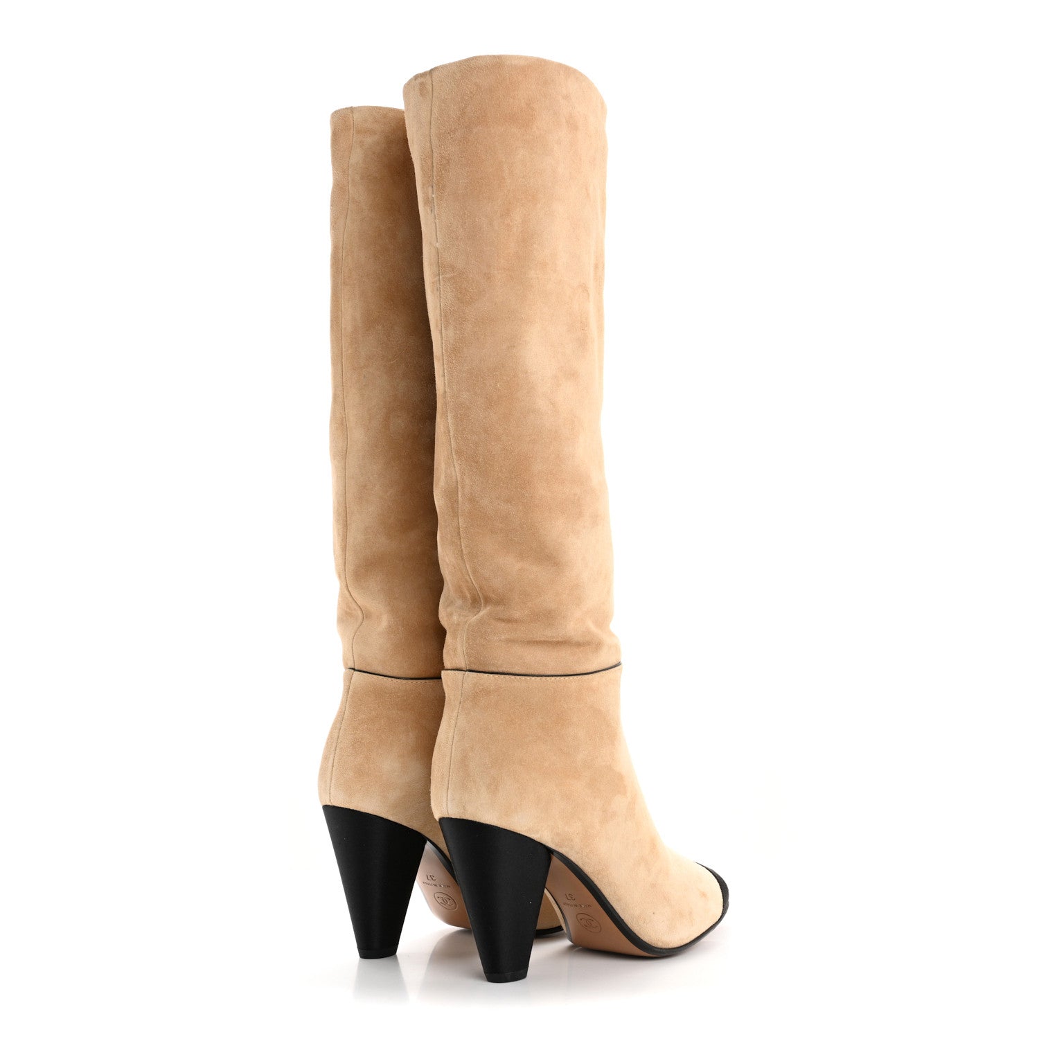 Chanel Suede Grosgrain Cap Toe CC Knee High Boots 37 Beige Black 4 of 11