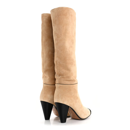 Chanel Suede Grosgrain Cap Toe CC Knee High Boots 37 Beige Black 4 of 11