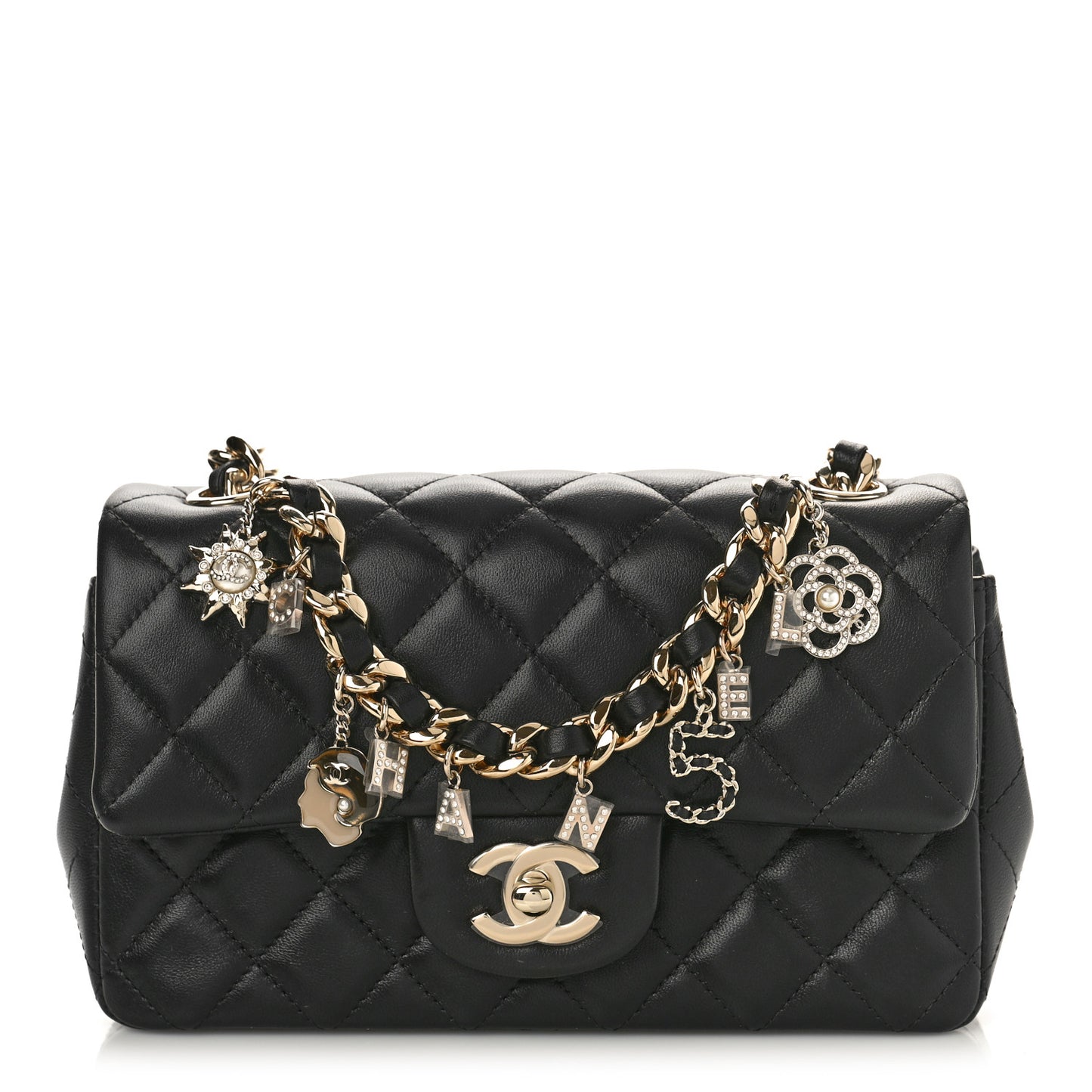 Lambskin Quilted Mini Coco Charms Rectangular Flap Black