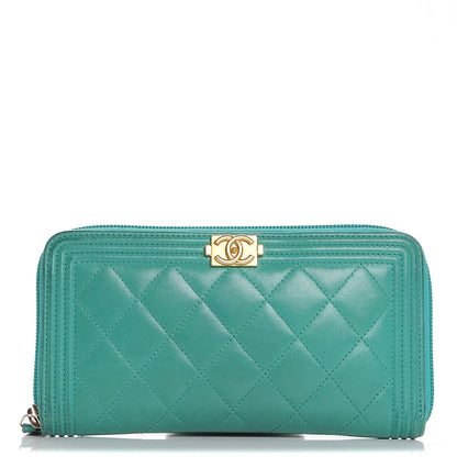 Chanel Lambskin Quilted Boy Zip Around Wallet Green 1 of 18