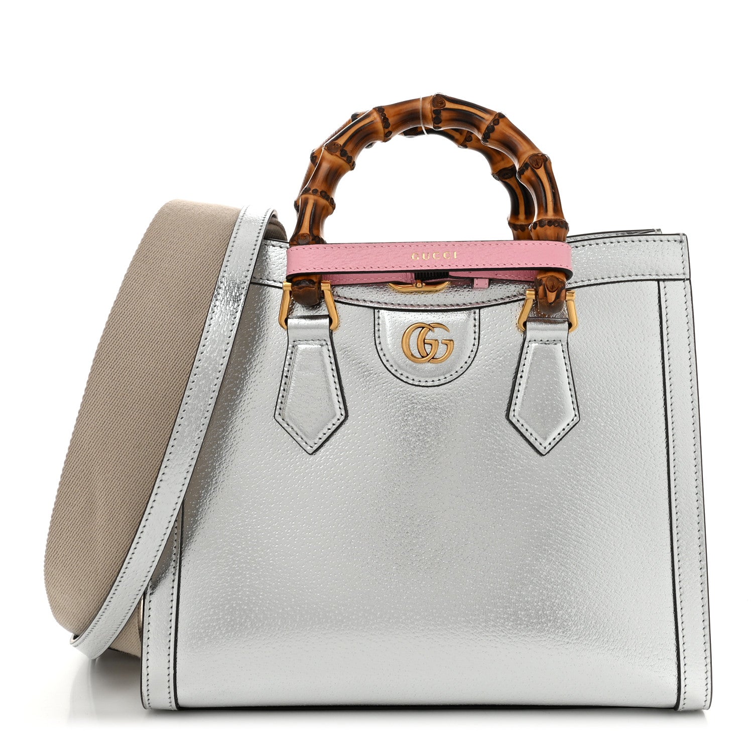 Gucci Textured Calfskin Small Diana Tote Bag Silver Wild Rose 1 of 10