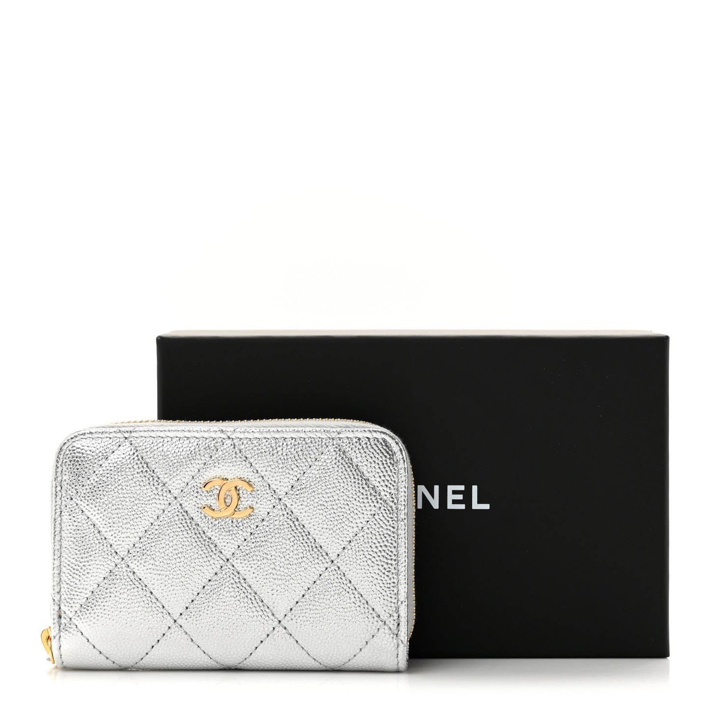 Metallic Caviar Quilted Zip Coin Purse Silver