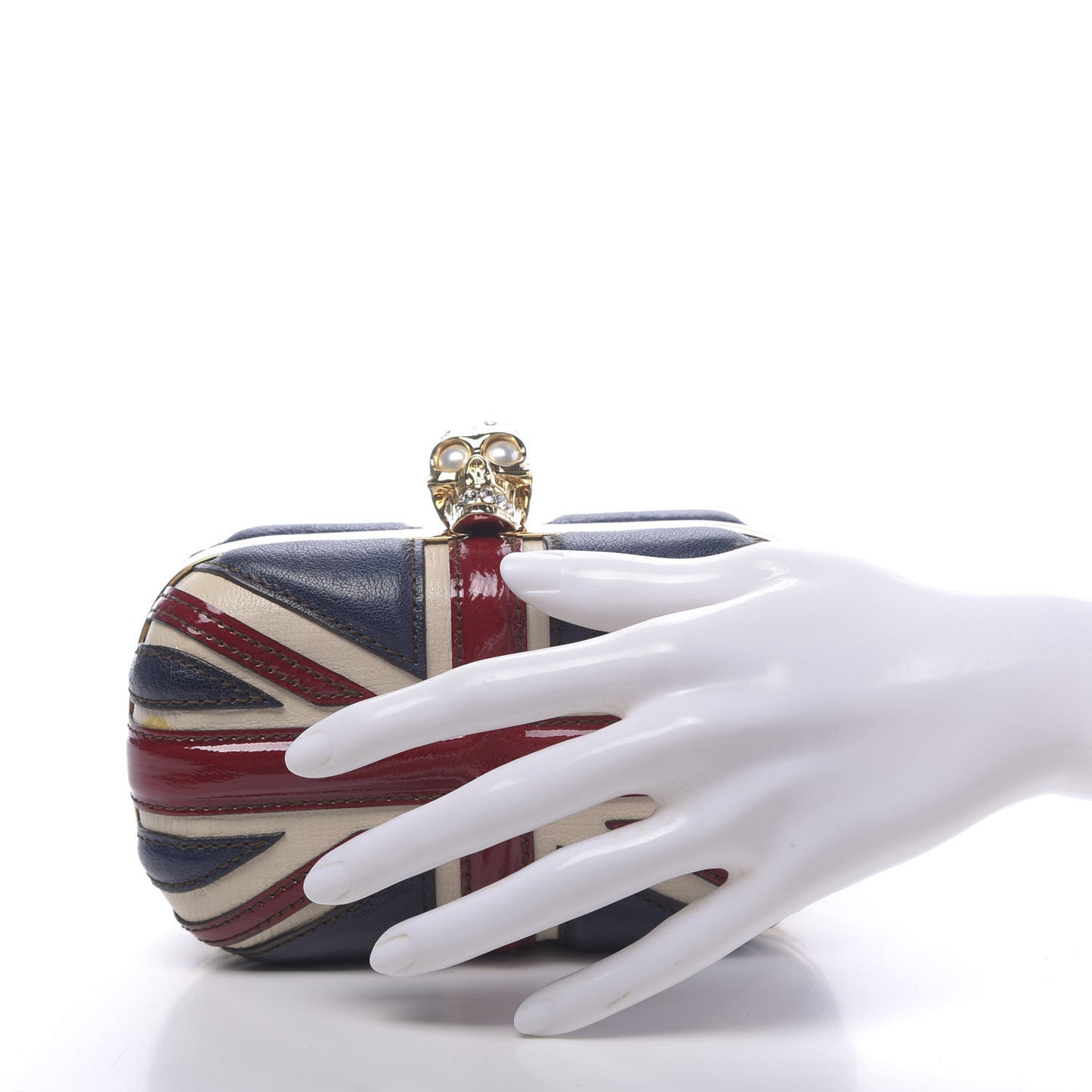 Patent Calfskin Britannia Skull Box Clutch Red Blue
