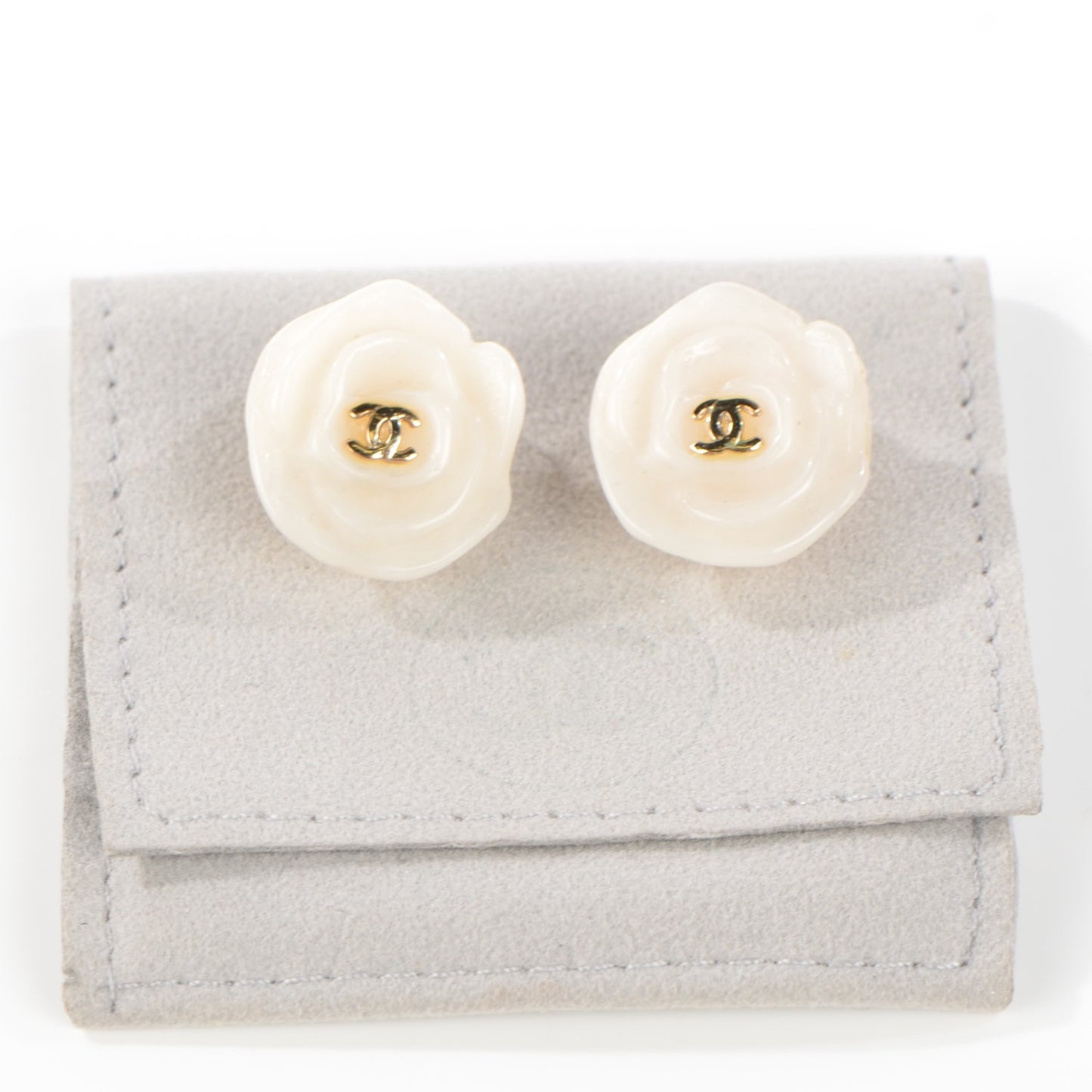 Resin CC Camellia Clip On Earrings White