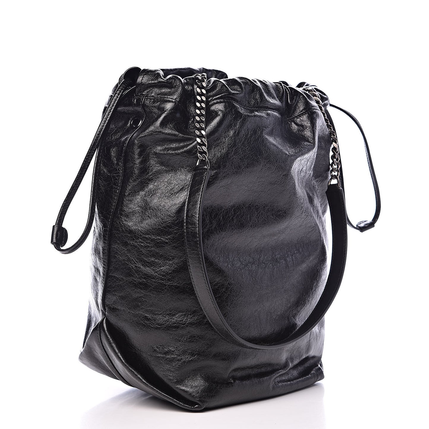 Cracked Shiny Calfskin Teddy Drawstring Bag Black