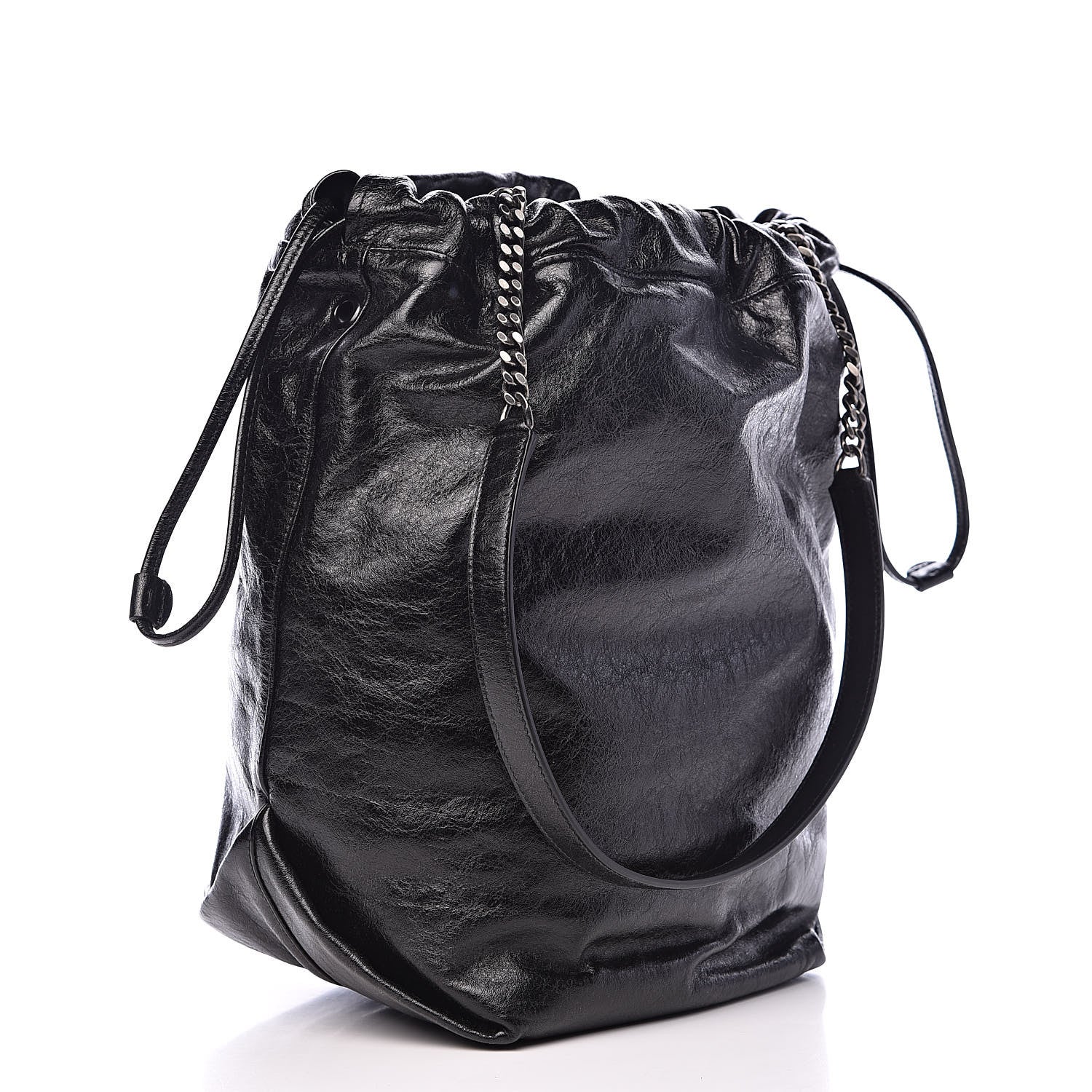 Saint Laurent Cracked Shiny Calfskin Teddy Drawstring Bag Black 4 of 10