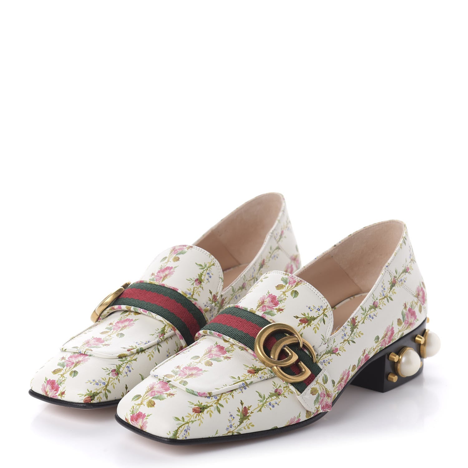Gucci Calfskin Web Pearl Floral Embellished Peyton Loafer 36 White Multicolor 3 of 9