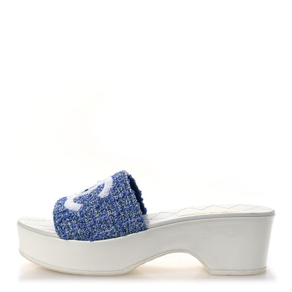 Chanel Tweed Sequin Patent Calfskin CC Mule Sandals 41 Blue White 1 of 12