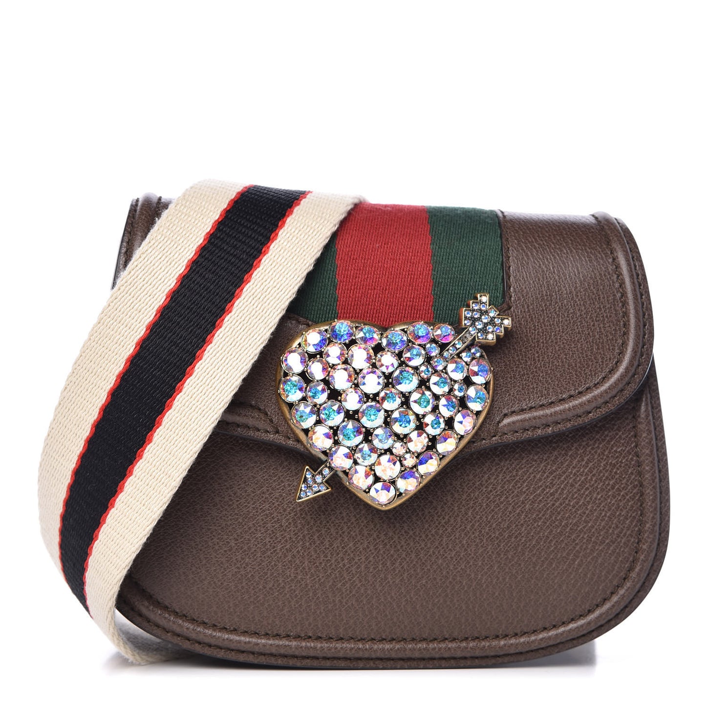 Textured Calfskin Web Crystal Heart Stripe Small Totem Shoulder Bag New Acero
