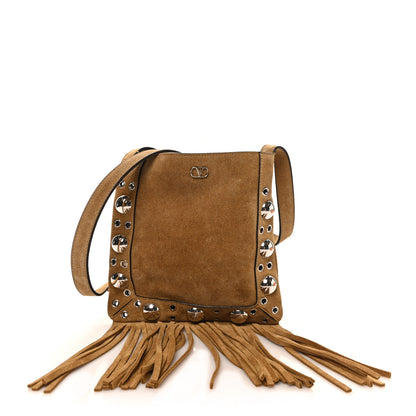 Valentino Garavani Suede Studded Small Nellcote Fringe Shoulder Bag Havana Beige 1 of 8