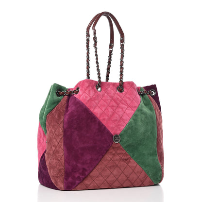 Chanel Suede Quilted Patchwork Drawstring Bag Green Pink Purple Burgundy 3 of 17
