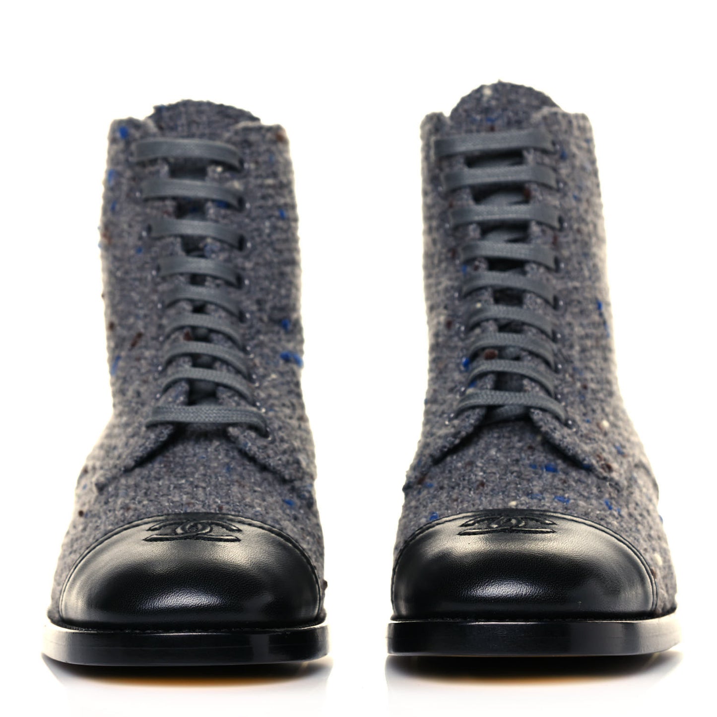 Tweed Lambskin Cap Toe CC Lace Up Boots 37 Grey Black