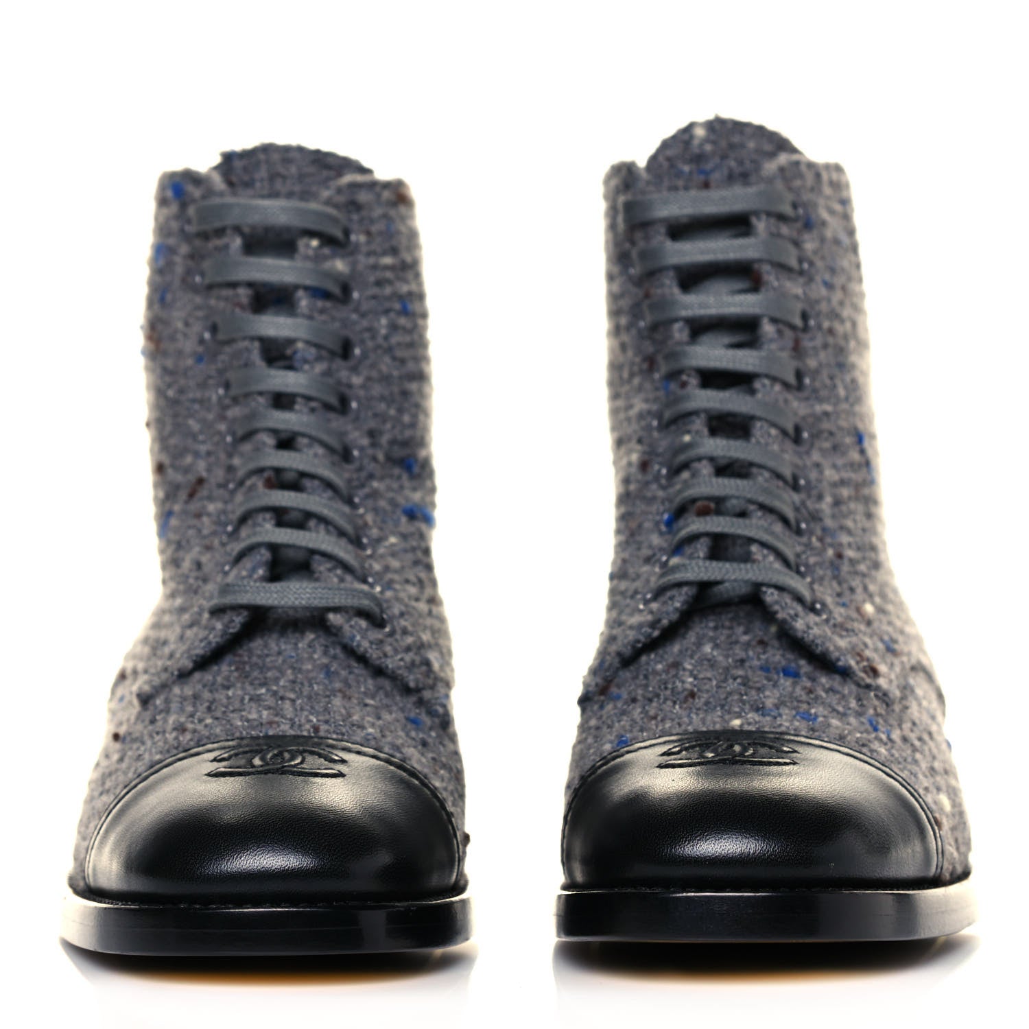 Chanel Tweed Lambskin Cap Toe CC Lace Up Boots 37 Grey Black 2 of 8