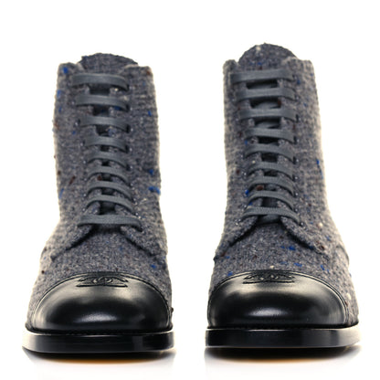 Chanel Tweed Lambskin Cap Toe CC Lace Up Boots 37 Grey Black 2 of 8