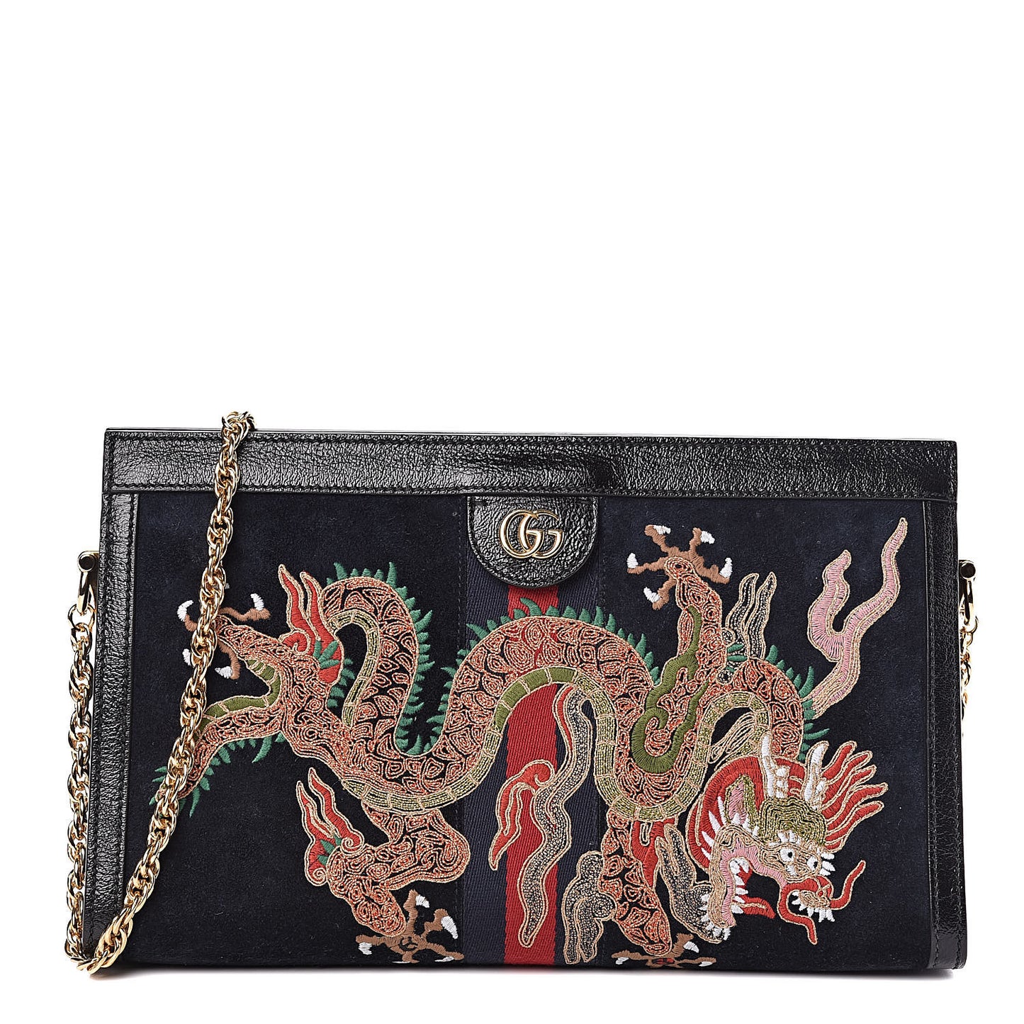 Suede Patent Web Dragon Embroidered Medium Ophidia Chain Shoulder Bag Blue Multicolor Black