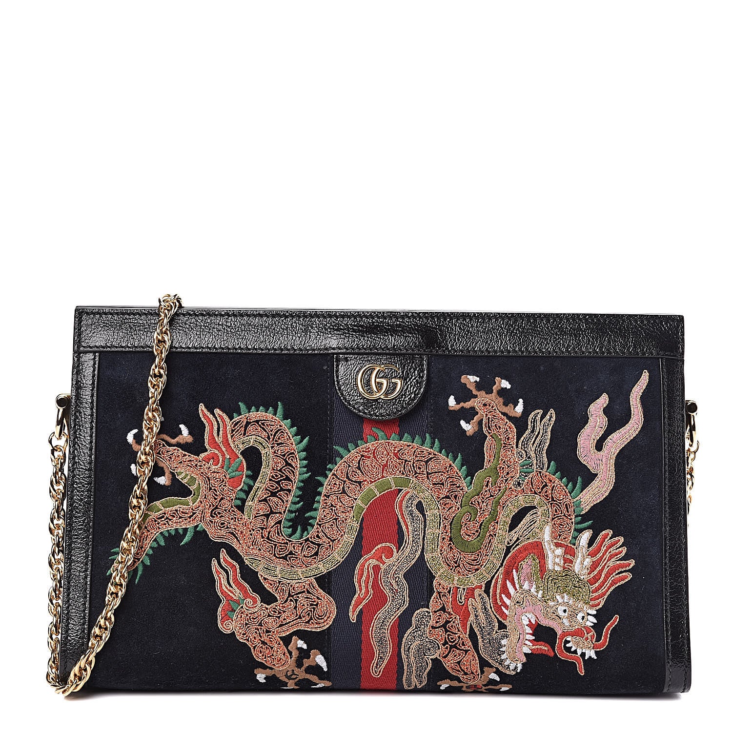 Gucci Suede Patent Web Dragon Embroidered Medium Ophidia Chain Shoulder Bag Blue Multicolor Black 1 of 22