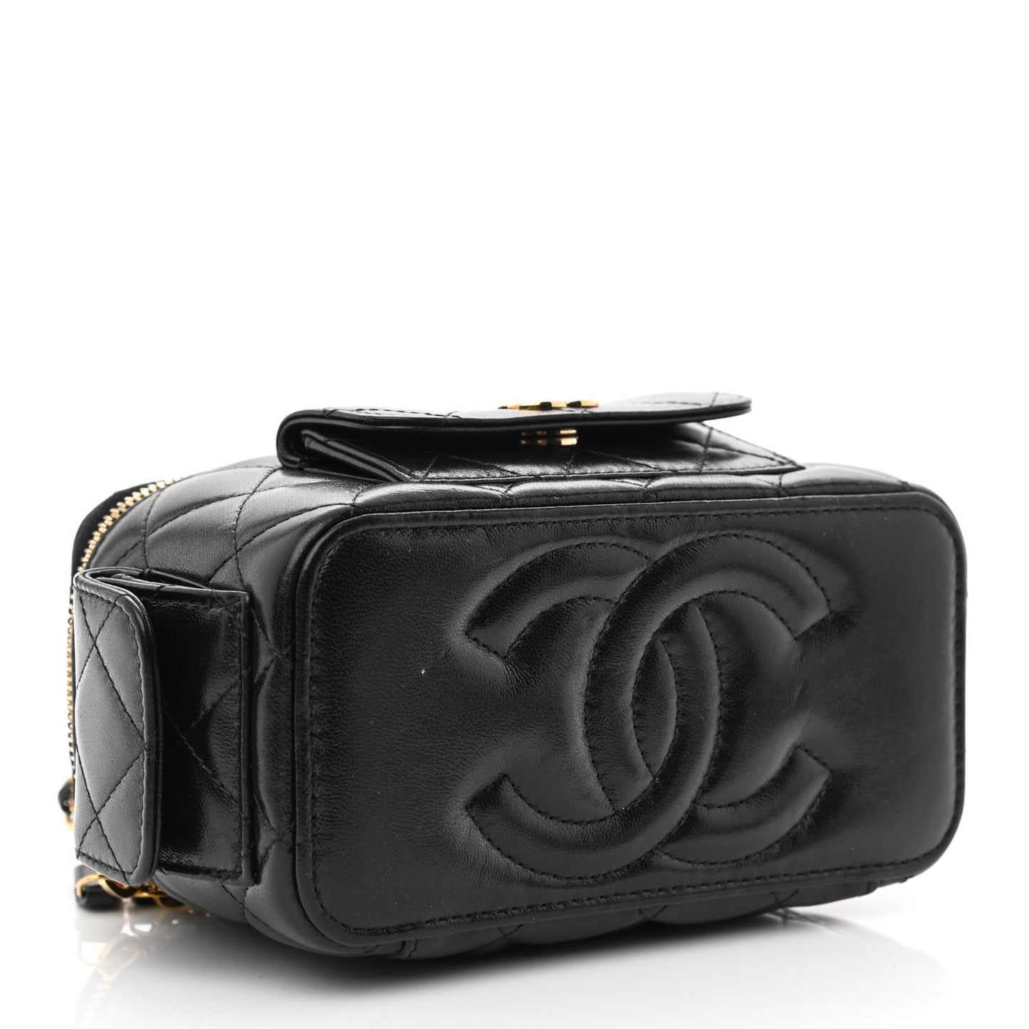 Lambskin Quilted Polly Pocket East West Top Vanity With Chain Black