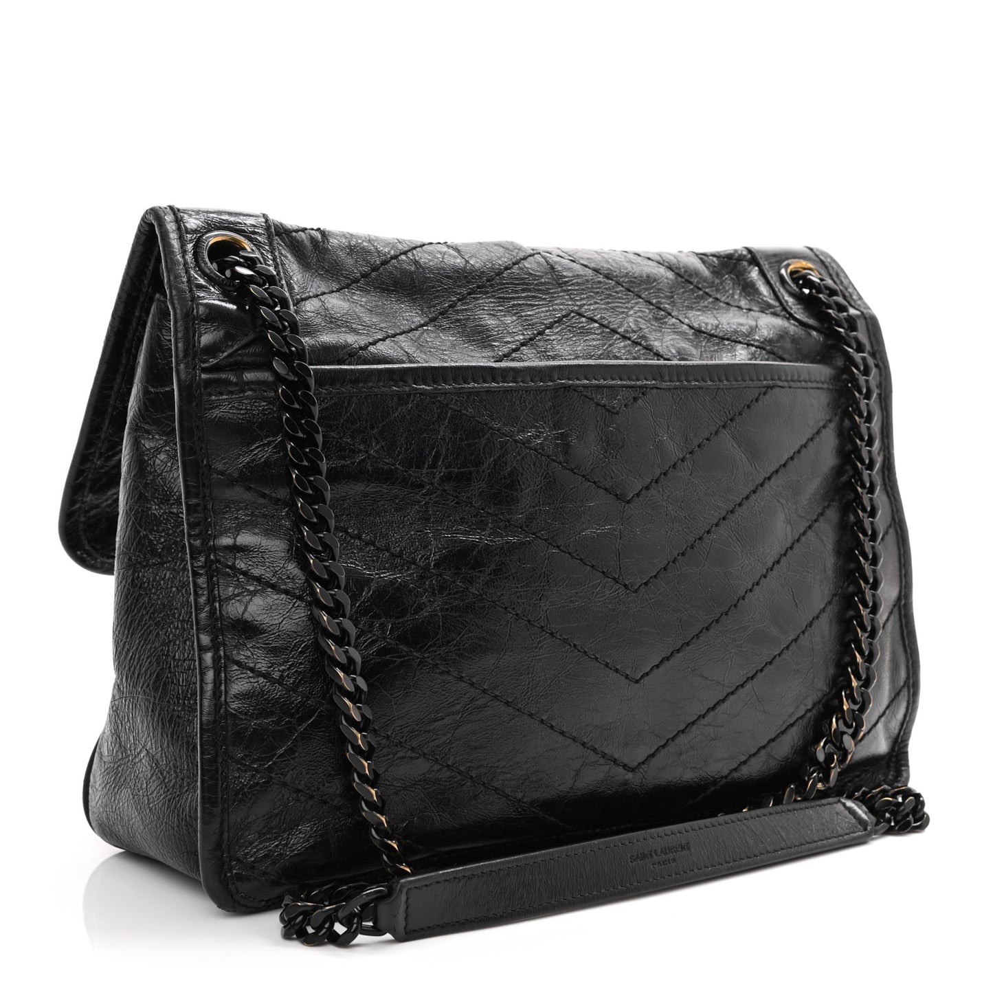 Crinkled Calfskin Matelasse Monogram Medium Niki Chain Satchel Black