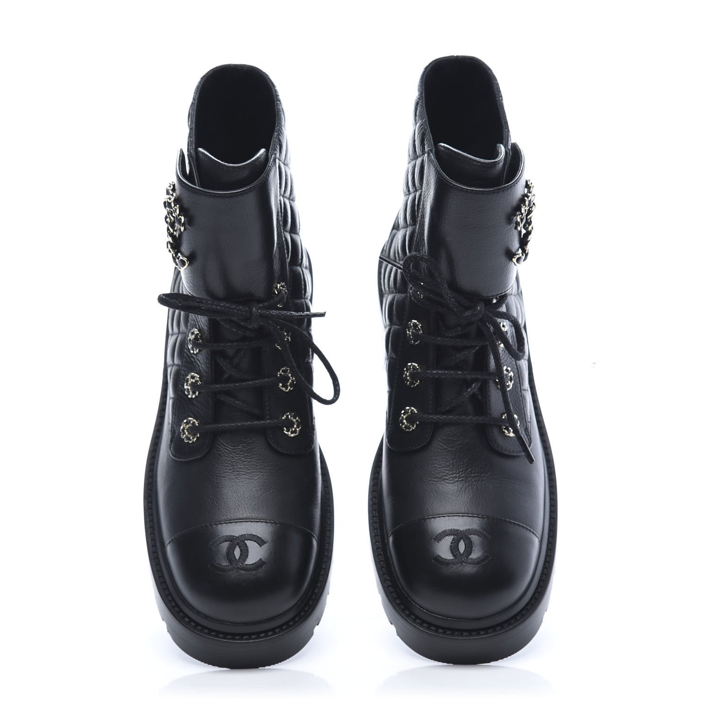 Shiny Goatskin Calfskin Quilted Lace Up Combat Boots 40.5 Black