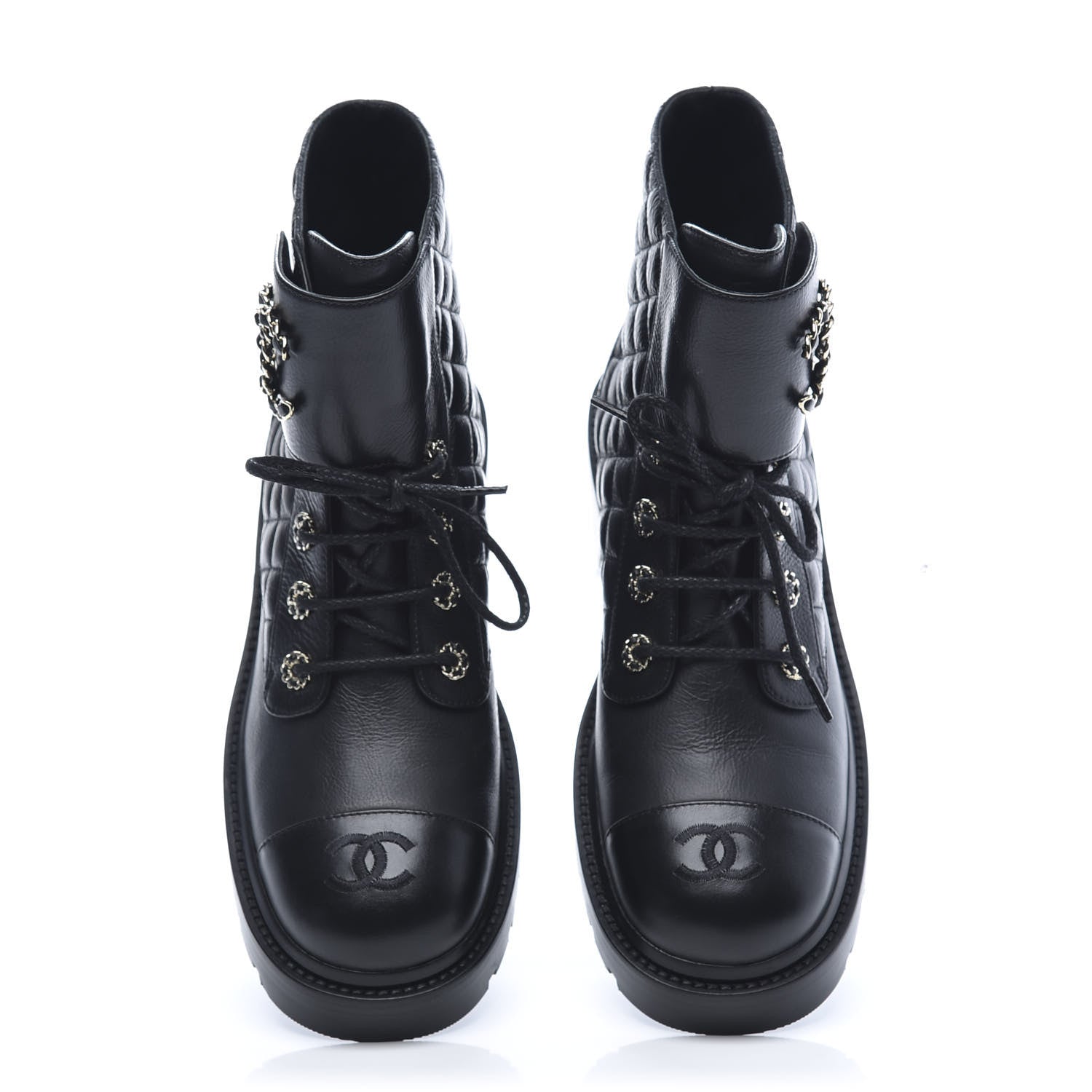 Chanel Shiny Goatskin Calfskin Quilted Lace Up Combat Boots 40.5 Black 5 of 9