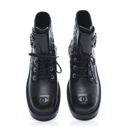 Chanel Shiny Goatskin Calfskin Quilted Lace Up Combat Boots 40.5 Black 5 of 9