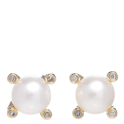 David Yurman 18K Yellow Gold Diamond Pearl 6mm Solari Earrings 1 of 5