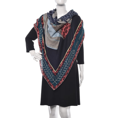 Hermes Cashmere Silk Selle d'Officier En Grande Tenue Shawl 140 Marine Petrole Ciel 2 of 8