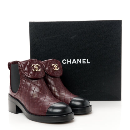 Chanel Lambskin Quilted Cap Toe CC Turnlock Booties 37 Burgundy Black 11 of 11