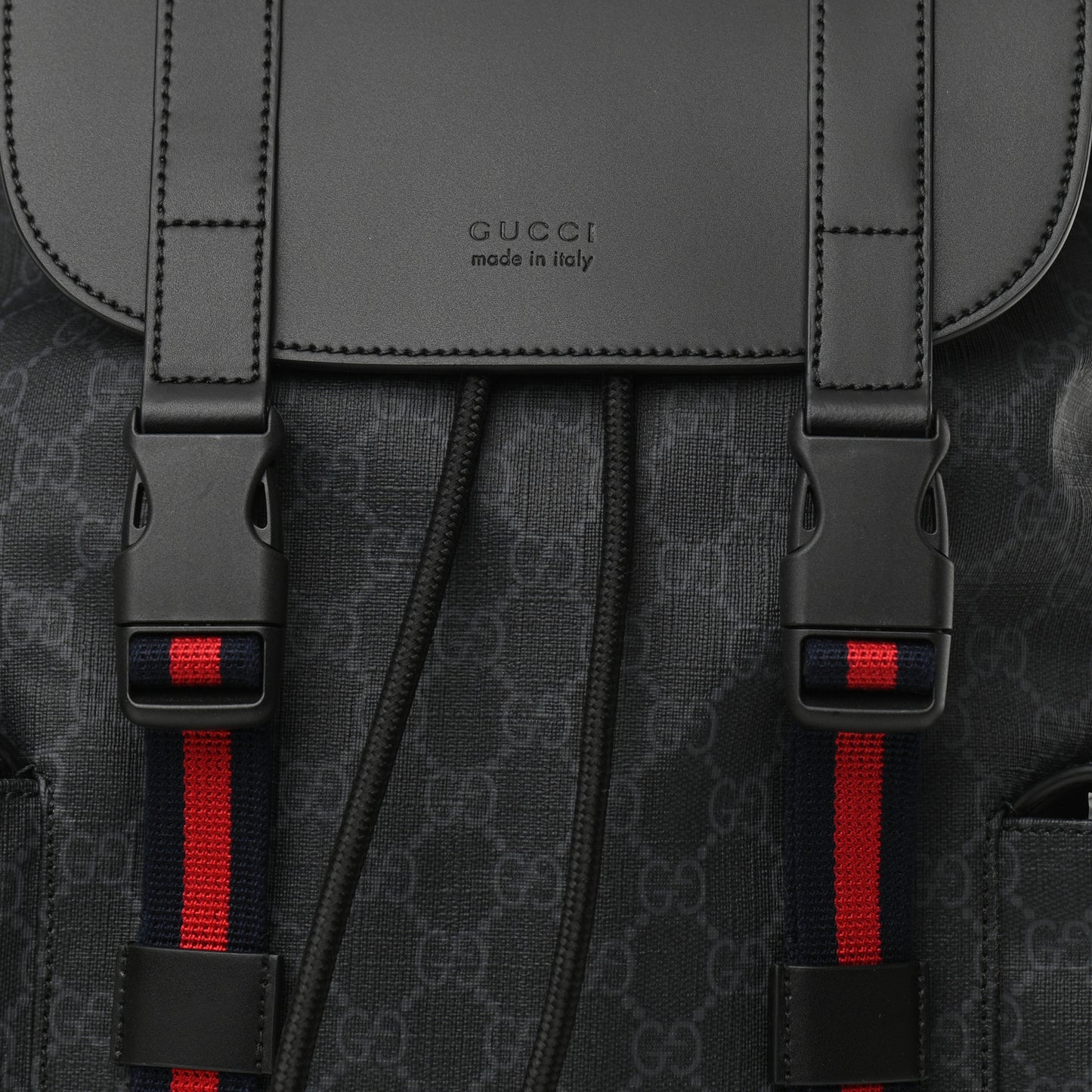 Soft GG Supreme Monogram Appia Calfskin Web Double Buckle Backpack Black