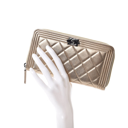 Chanel Metallic Lambskin Quilted Boy Zip Around Wallet Gold 2 of 8