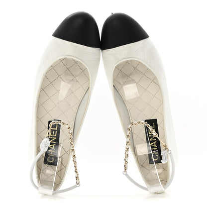 Chanel Shiny Lambskin Metal Cap Toe Ankle Chain Ballerina Flats 39.5 White Black 2 of 14