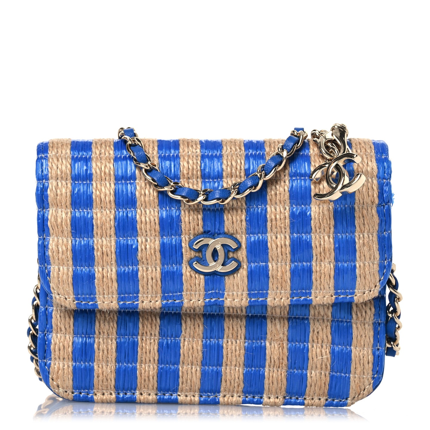 Chanel Raffia Jute Striped Belt Bag Blue Beige 1 of 14