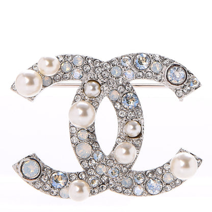 Chanel Pearl Crystal CC Mini Brooch Silver 1 of 5