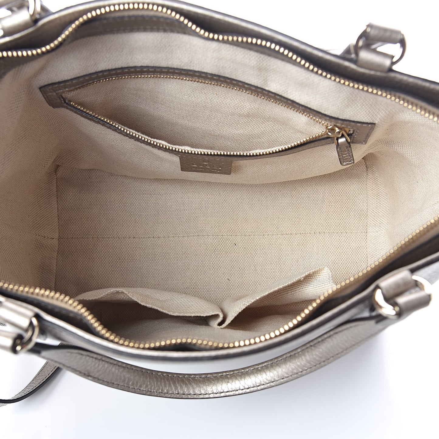 Metallic Pebbled Calfskin Small Soho Top Handle Bag Golden Beige