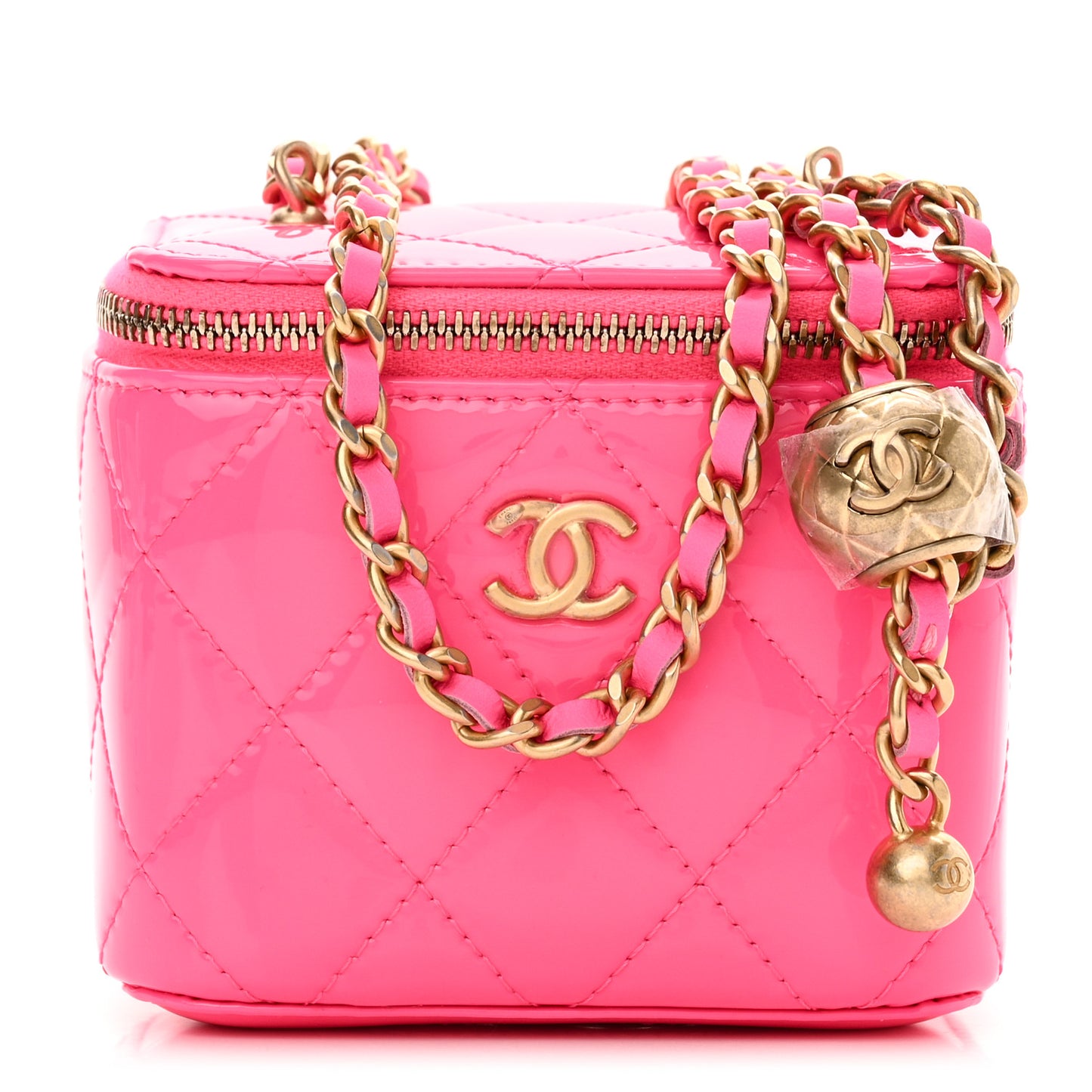 Patent Quilted Pearl Crush Mini Vanity Case With Chain Neon Pink